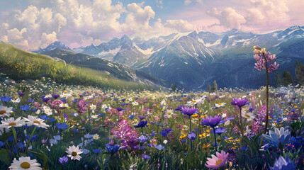 Alpine Garden in Bloom A picturesque view of an alpine meadow transformed into a veritable garden of blooming flowers, with a carpet of petals stretching to the horizon,