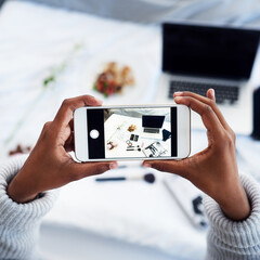 Person, hands and cellphone screen with photography in home as content creator, beauty or...