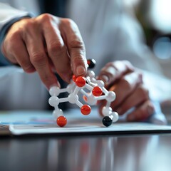 Close-up of a scientist's hand pointing at a 3D model of a chemical compound, emphasizing the structure and bonds, ideal for educational content
