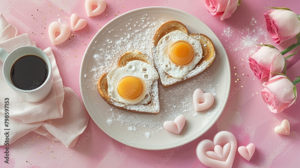 Wall mural Celebrate Valentine s Day with heart shaped fried eggs a steaming cup of coffee or cocoa toast slathered with jam all set against a pretty pink backdrop Wishing you a joyous Valentine s fil