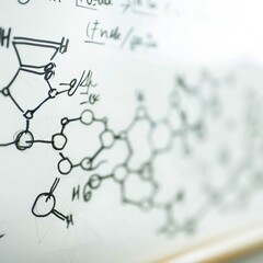 Fototapeta premium Detailed graphic of a chemical formula and its corresponding molecular structure diagram on a whiteboard, ideal for academic presentations