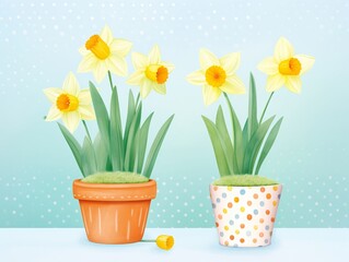Illustration of bright yellow daffodils in terracotta pots against a playful polka dot background, symbolizing spring and new beginnings.