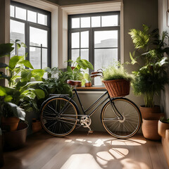 A vintage inspired bicycle with a wicker basket and leather seat parked in a cozy studio