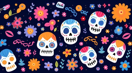 A vibrant pattern featuring decorated sugar skulls and colorful flowers celebrates the Mexican Day of the Dead tradition.