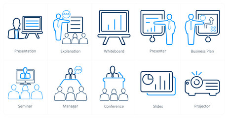 A set of 10 business presentation icons as presentation, explanation, white board