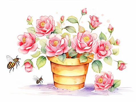 Exquisite pink roses bloom in a golden pot, accompanied by buzzing bees in this delicate watercolor illustration.