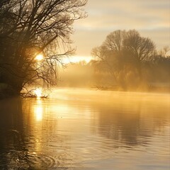 Peaceful riverside setting at sunrise, with soft golden light reflecting off the water, suitable for themes of tranquility and nature