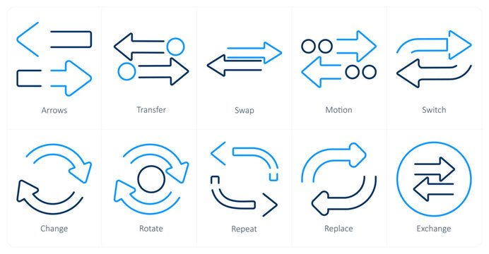 A set of 10 arrows icons as arrows, transfer, swap