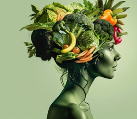 Artistic representation of a female silhouette with vegetables in the shape of a brain, promoting nutritional psychology - 798598929
