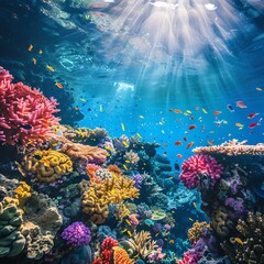 Underwater view of a vibrant coral reef with a diverse array of marine life, showcasing the beauty and biodiversity of ocean ecosystems