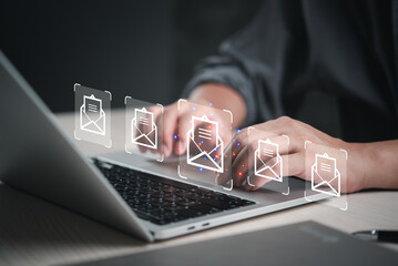 Email marketing screen electronic icon. Business computer laptop digital work and social media...