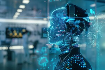 Perfil de una ciborg femenina con visualizaciones de realidad aumentada en un centro de comando futurista