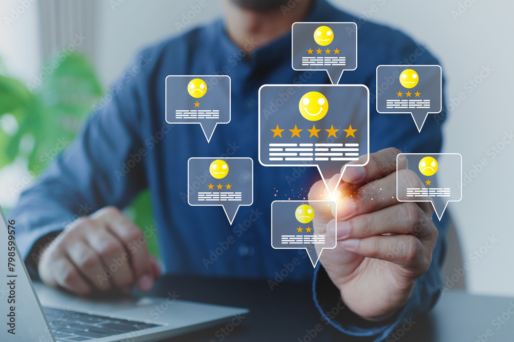 Aufkleber hand touch comment with smile face icon for best excellent customer service satisfaction survey feed
