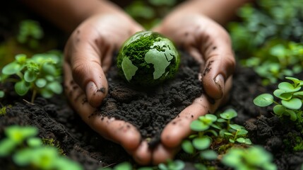 Hands holding green globe, Save the green planet concept, environmental conservation.