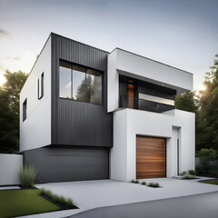A sleek minimalist home with a garage door