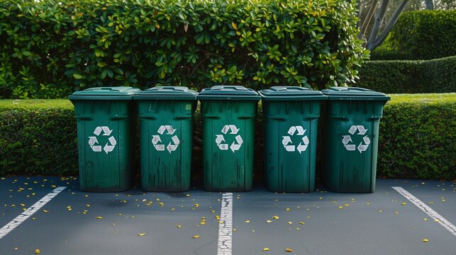 Green recycle bins align.
