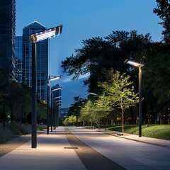 A series of modern solar street lamps along a city boulevard at night, demonstrating effective use...