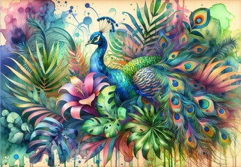 Fototapeta premium Watercolor painting abstract background of a peacock and tropical leaves