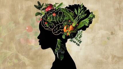 Artistic representation of a female silhouette with vegetables in the shape of a brain, promoting nutritional psychology - 798599780
