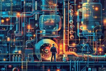 Obraz premium Craft a vibrant vector art piece featuring a Chemist working amidst a vibrant Chemical Industry Emphasize the dynamic pump systems and interconnected pipe network in a way that conveys innovation and