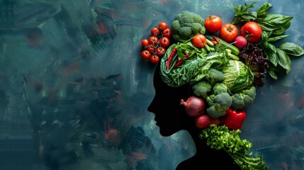 Artistic representation of a female silhouette with vegetables in the shape of a brain, promoting nutritional psychology - 798599923