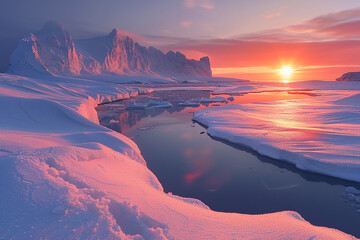 Glacial formations sculpted by time and erosion, their icy surfaces gleaming in the polar twilight.