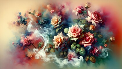 Watercolor painting abstract background of roses and smoke
