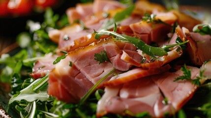 Thinly cut ham served on top of a bed of greens - obrazy, fototapety, plakaty
