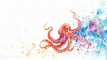 A watercolor painting of a cute squid, its tentacles swirling in a dance, on a white background