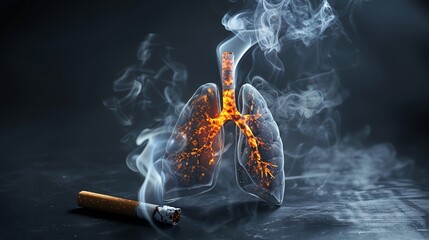 Dramatic visual of a cigarette with smoke forming an x-ray image of lungs, subtly hinting at the onset of cancer, thought-provoking
