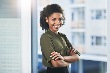 Happy black woman, portrait and window with confidence in job or career for business management at...