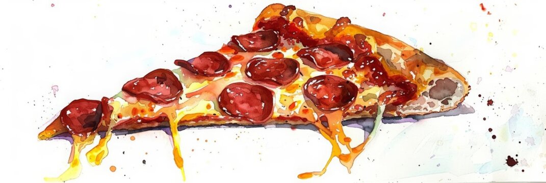 A watercolor painting of a cute slice of pepperoni pizza with gooey cheese, on a white background