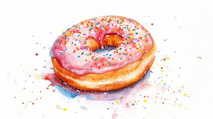 A watercolor painting of a kawaii donut, sprinkled with colorful sugar, looking delicious, on a white background