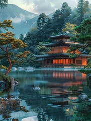 Traditional Japanese architecture framed against a serene landscape.
