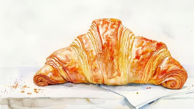 A watercolor painting of a simple croissant, flaky and golden, sitting on a bakery shelf, on a white background