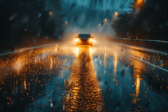 A captivating image of autumn rain and fog on the highway, with the headlights of an oncoming car shining through the mist, creating a mysterious atmosphere for a letterhead 8K , high-resolution, ultr