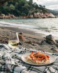 Seaside Picnic, Seafood and Wine on Ocean Shore Blanket