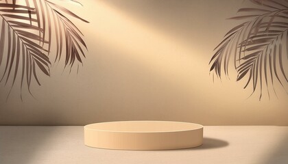 Obraz premium Coastal Chic: 3D Display Room with Stand Concept Featuring Beige Studio and Podium, Enhanced with Shadow Coconut Palm Leaves