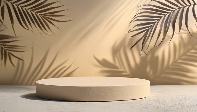 Beachside Beauty: Beige Studio and Podium with Coconut Palm Leaves Shadow on Cement Floor, Elevating Cosmetic Product Display
