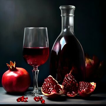  Stillleben - Granatapfel, Glas mit rotem Getränk, Karaffe. Hintergrund für das Design.