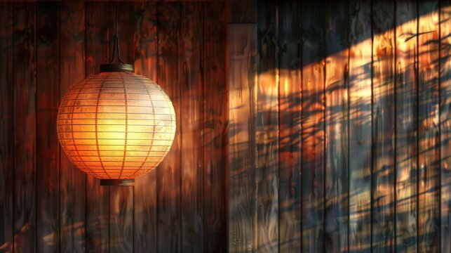 Traditional Japanese lantern hanging against a wooden wall.