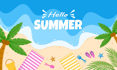 Summer vibes on beach coconut tree decoration poster template hello summer background illustration