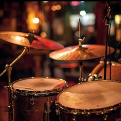 Vintage drum set in a jazz club setting, spotlight on the brass cymbals and wooden drums, cozy and atmospheric.