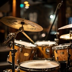 Vintage drum set in a jazz club setting, spotlight on the brass cymbals and wooden drums, cozy and atmospheric.