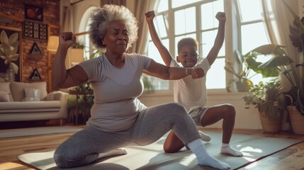 Senior black woman working out at home with kid together, elderly grandma doing sport exercises indoors with her grandson, AI generated image
