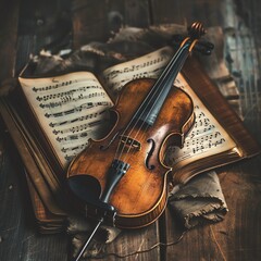 Naklejka premium Classical violin resting on an aged music score, soft focus on the polished wood and string details, vintage ambiance.