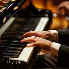 Close-up of a musician's hands playing a classical piece on a grand piano, intricate details of finger movement and keys.
