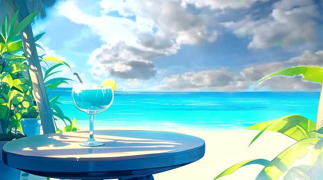 Frosty Margarita Glass cocktail on a Beachside Table. Anime or digital painting style, looping 4k video animation background