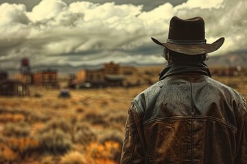 A fictional graphic of a cowboy in a historical reconstruction, viewed from the back, with a wild west town and retro landscape setting the scene on a letterhead with copy space 8K , high-resolution, 