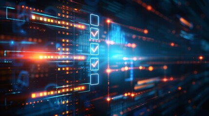 Futuristic technology concept. Technological interface with checked items in checklist. On dark background.